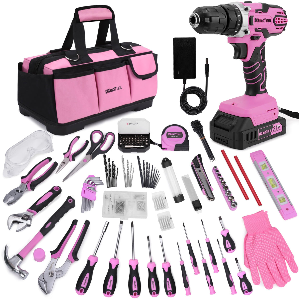 KingTool 267-piece pink tool kit for home DIY projects and organization.