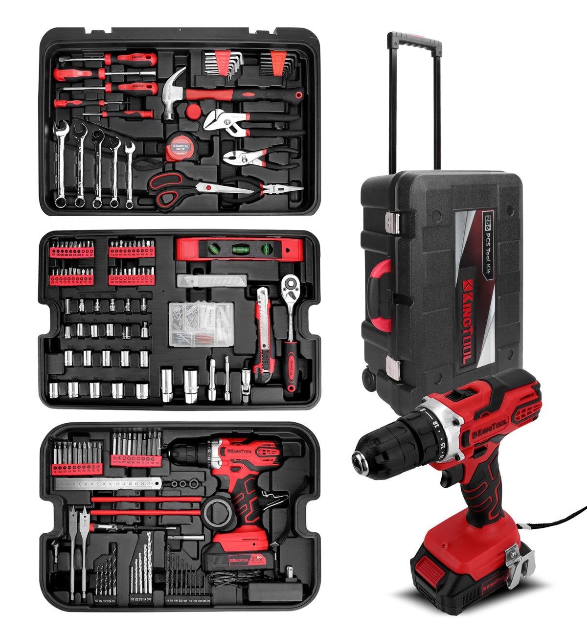 KingTool 286-piece tool kit shown with rolling toolbox for easy transport.