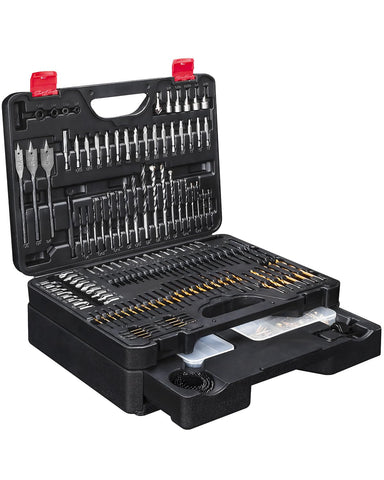 KingTool 400pcs drill bit set in a sliding drawer for quick access.