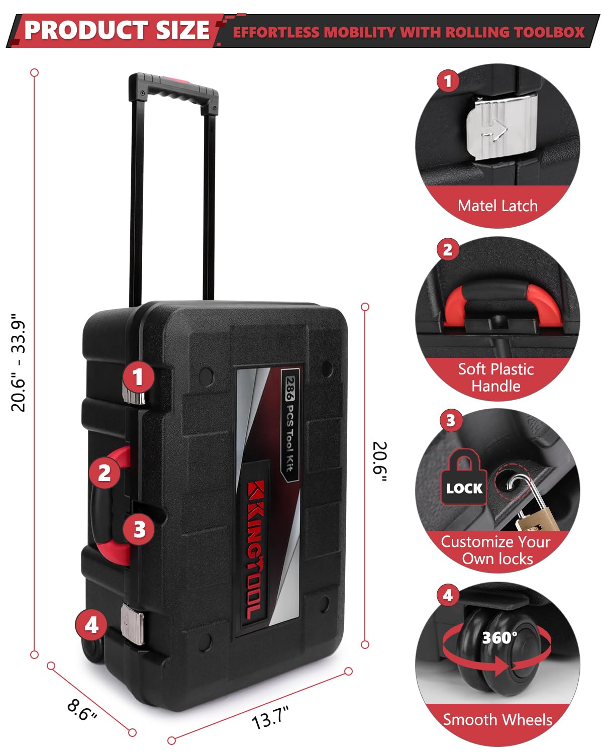 KingTool toolkit rolled smoothly with adjustable handle and wheels.