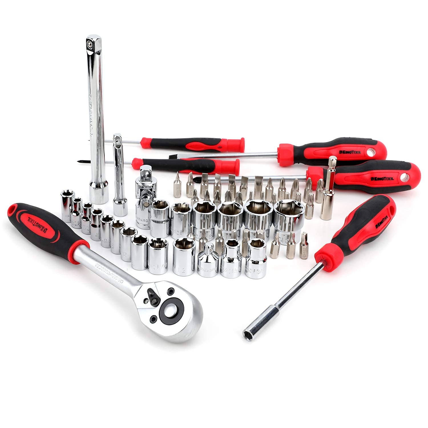 KingTool toolbox with molded compartments keeps tools neatly arranged.