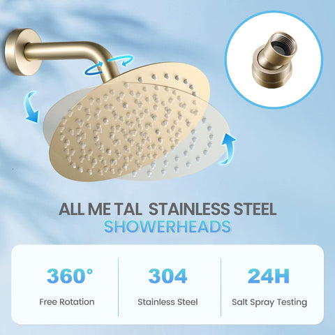 KINLIV brushed gold round rainfall shower head anti-rust stainless steel construction
