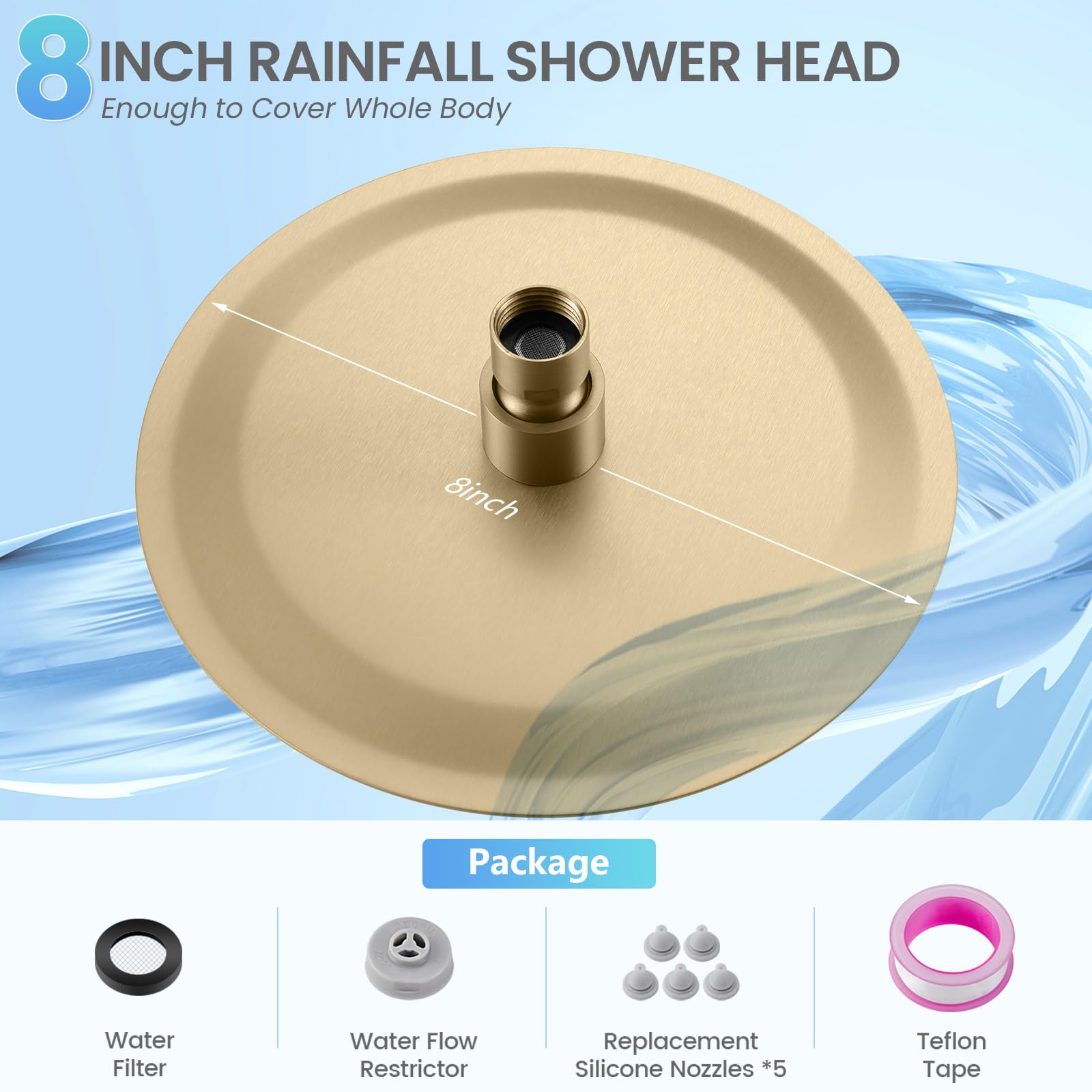 KINLIV brushed gold round rainfall shower head closeup, anti-clog silicone nozzles