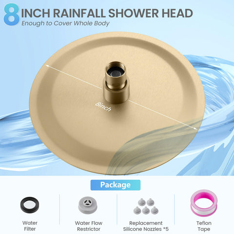 KINLIV brushed gold round rainfall shower head closeup, anti-clog silicone nozzles