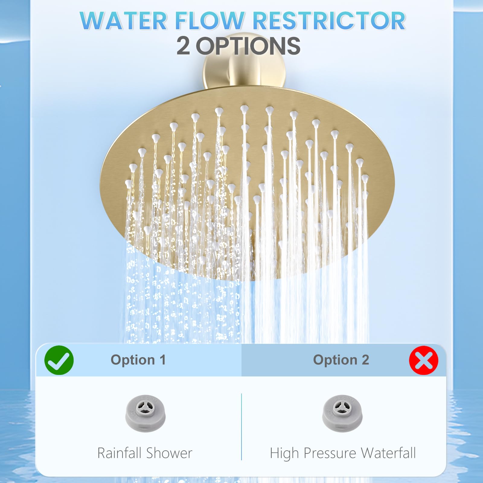 KINLIV brushed gold round rainfall shower head wall mount, easy setup