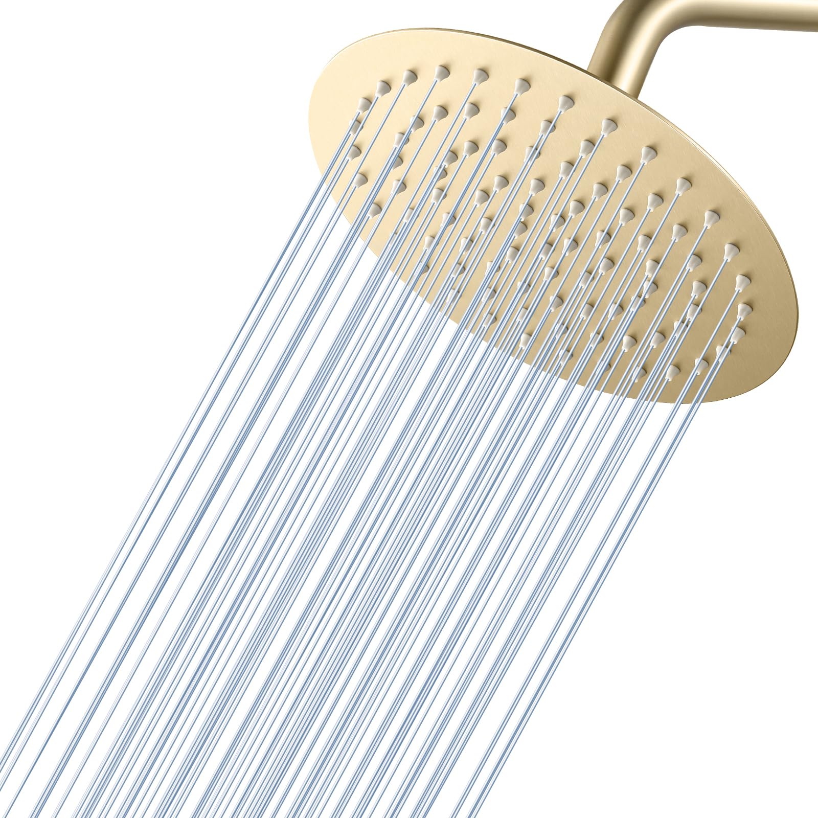 KINLIV brushed gold round rainfall shower head full view, luxurious rainfall coverage