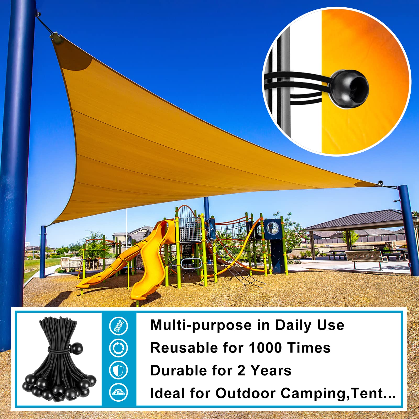 KintKita canopy tie-down bungee ball provides quick setup for shade structures.