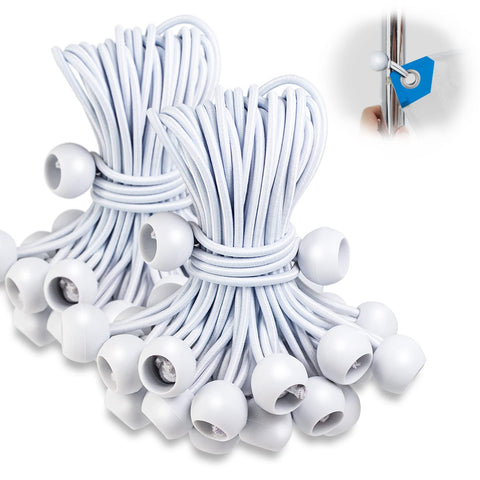 Kinzomor 6inch white tarp bungee balls securing a canopy in wind.