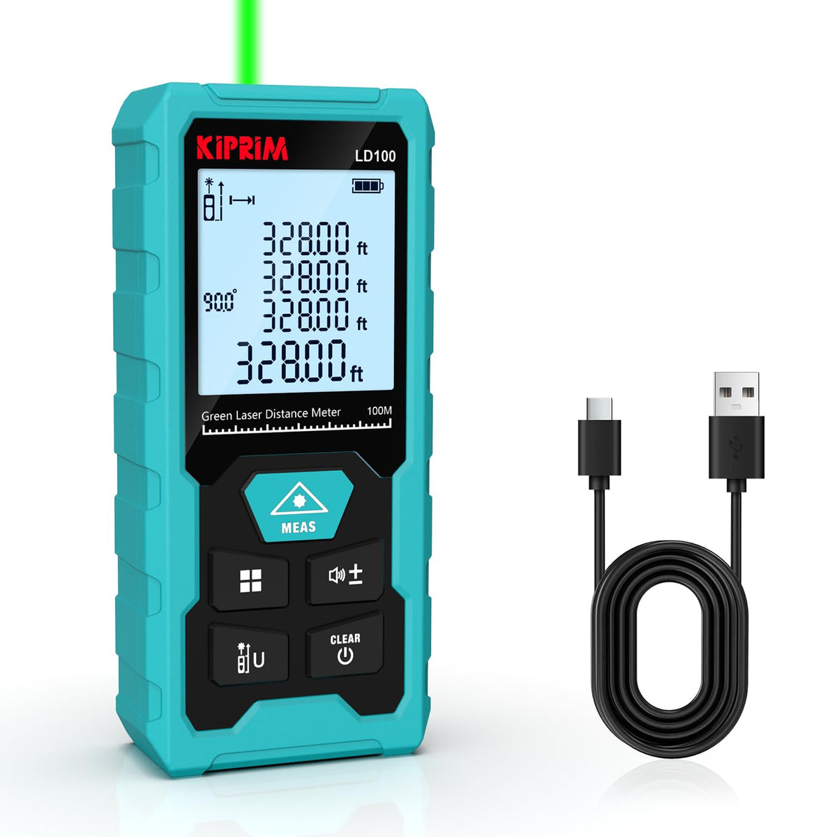 Kiprim LD100 setup mode with green laser for quick measurements.