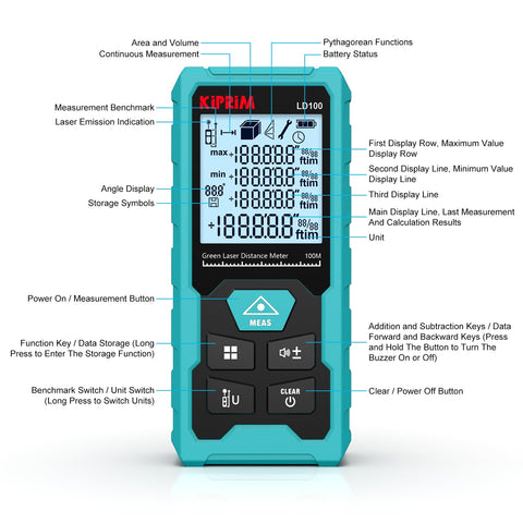 LD100 long-range 328 ft measurement with bright green laser visibility.