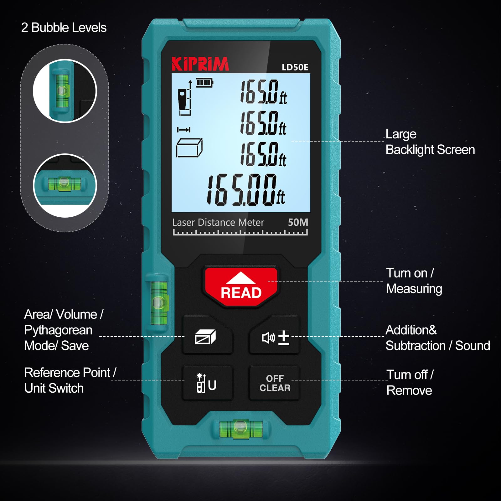 Kiprim LD50E enables area, volume, and Pythagoras measurements.