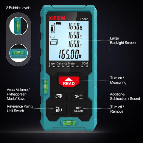 Kiprim LD50E enables area, volume, and Pythagoras measurements.