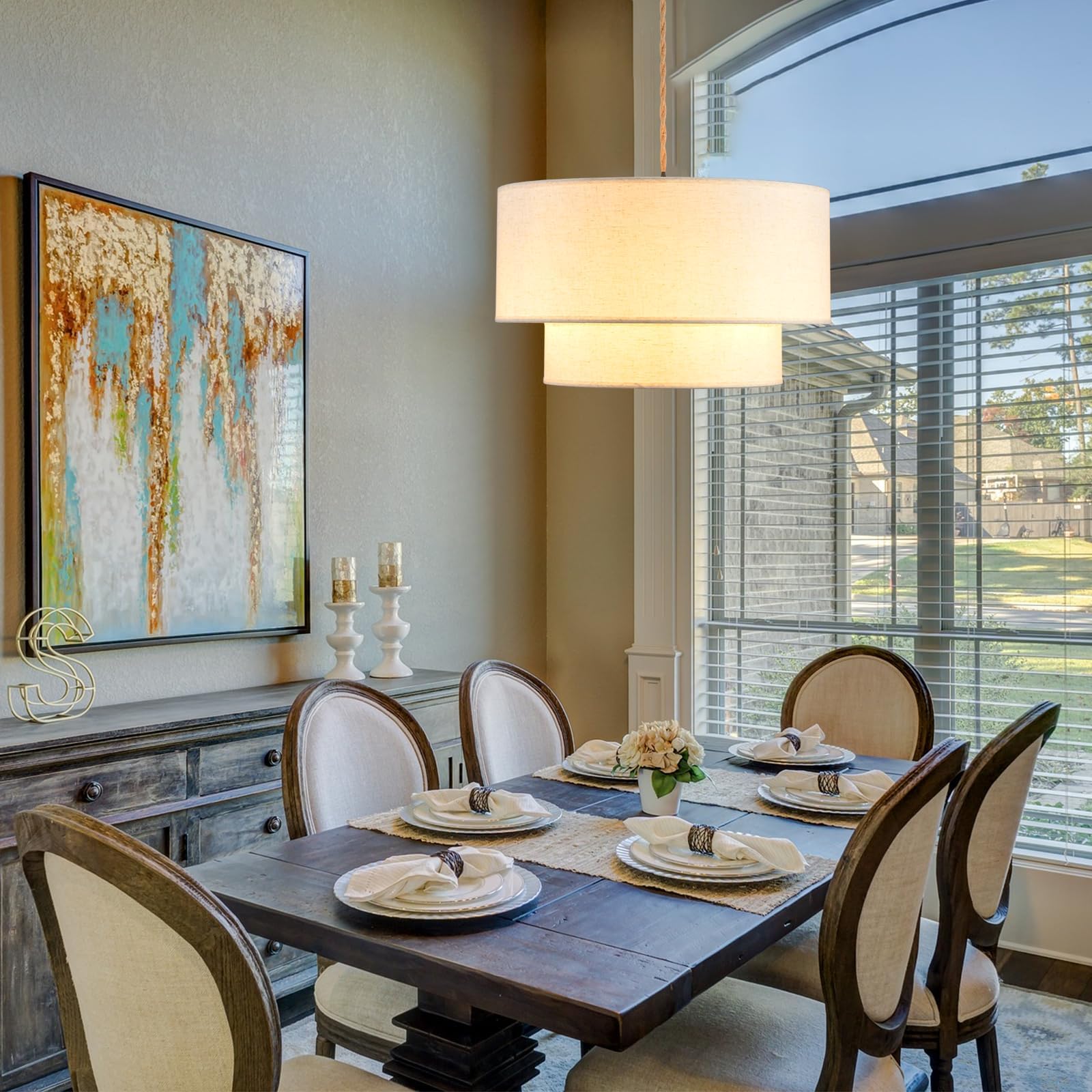 Kirahee dining room scene with soft, inviting glow.