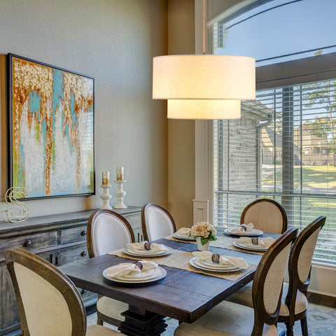 Kirahee dining room scene with soft, inviting glow.