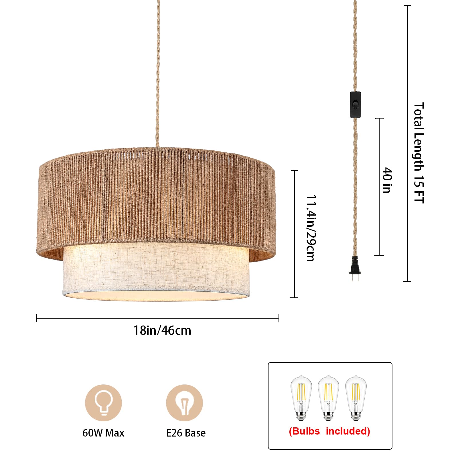 Kirahee plug-in chandelier with hemp rope suspension for vintage charm