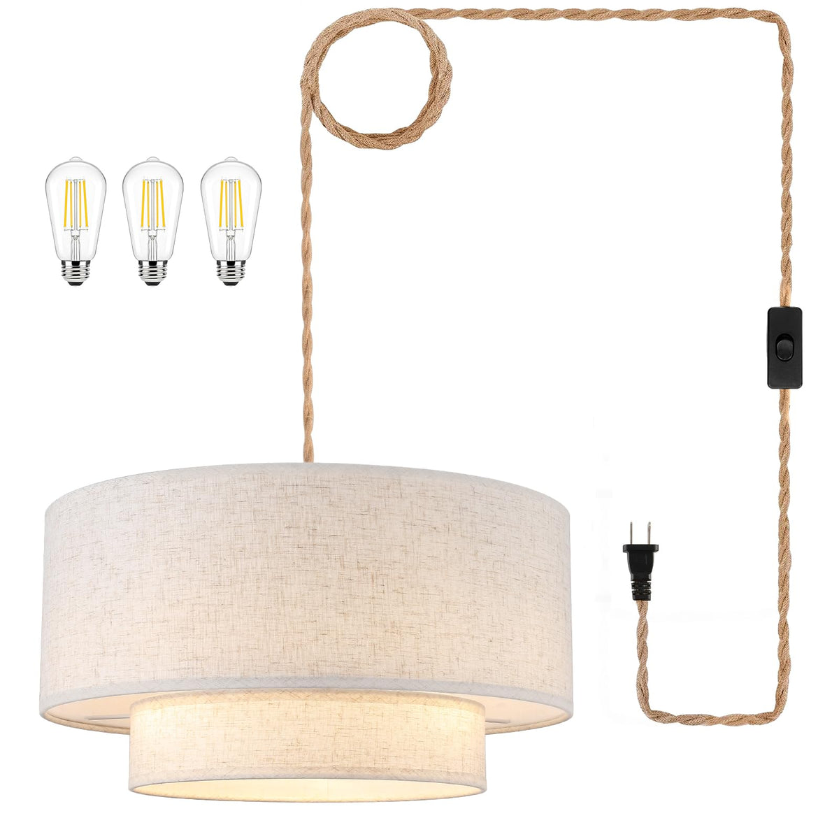 Kirahee plug-in pendant with a two-tier linen drum shade, delivering warm downward illumination.