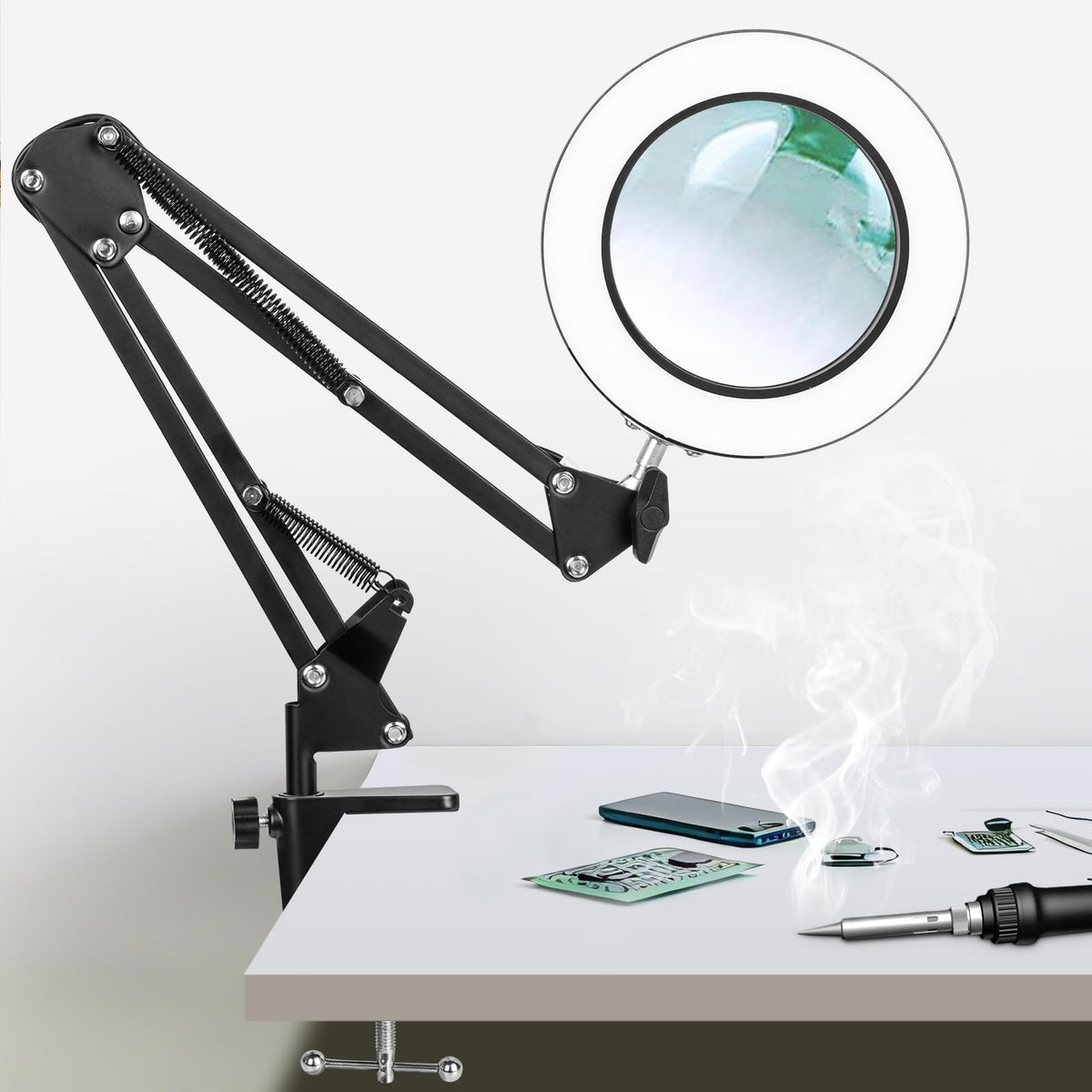 KIRKAS 10X LED magnifying lamp with clamp for precise close-up viewing.