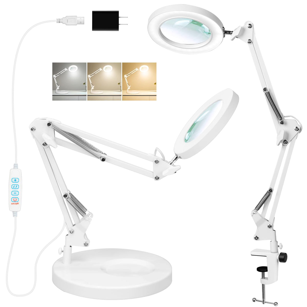 KIRKAS 10X magnifying lamp base provides stable hands-free viewing for detailed work.