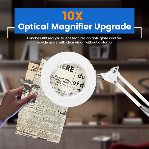 KIRKAS 10X magnifier with swivel arm allows precise angles for reading and crafts.