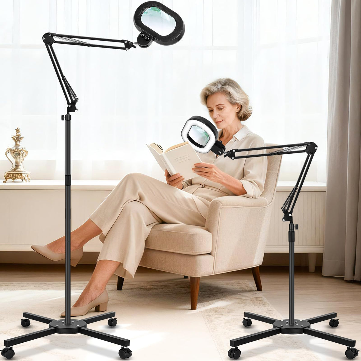 KIRKAS 12x magnifying glass with light and stand for stable floor use, enhancing close-work visibility.