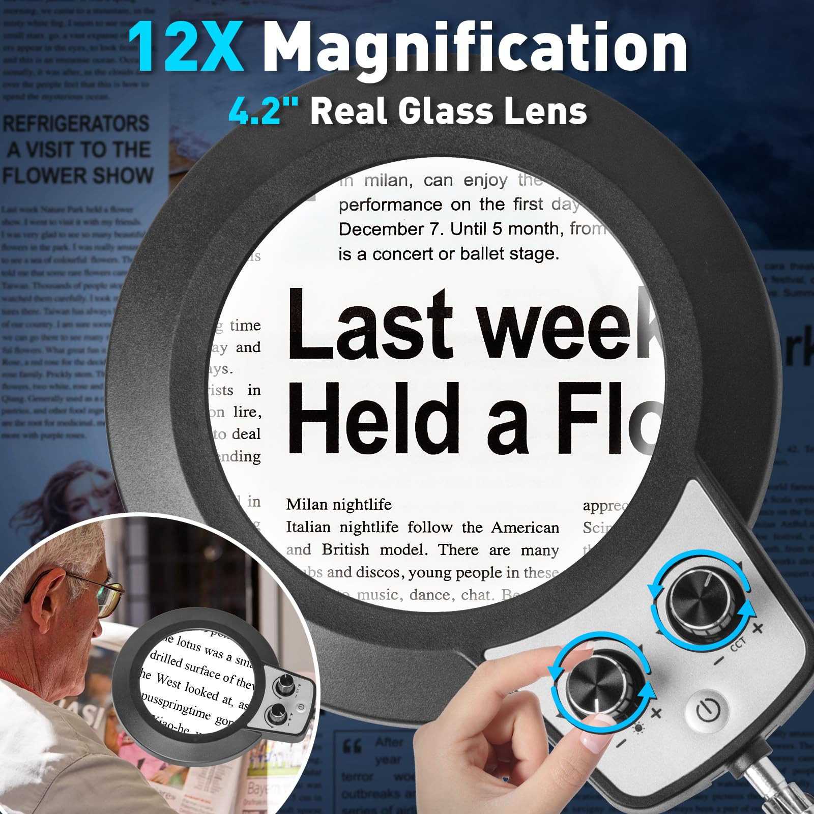 KIRKAS magnifier lamp with adjustable color temperature and brightness.