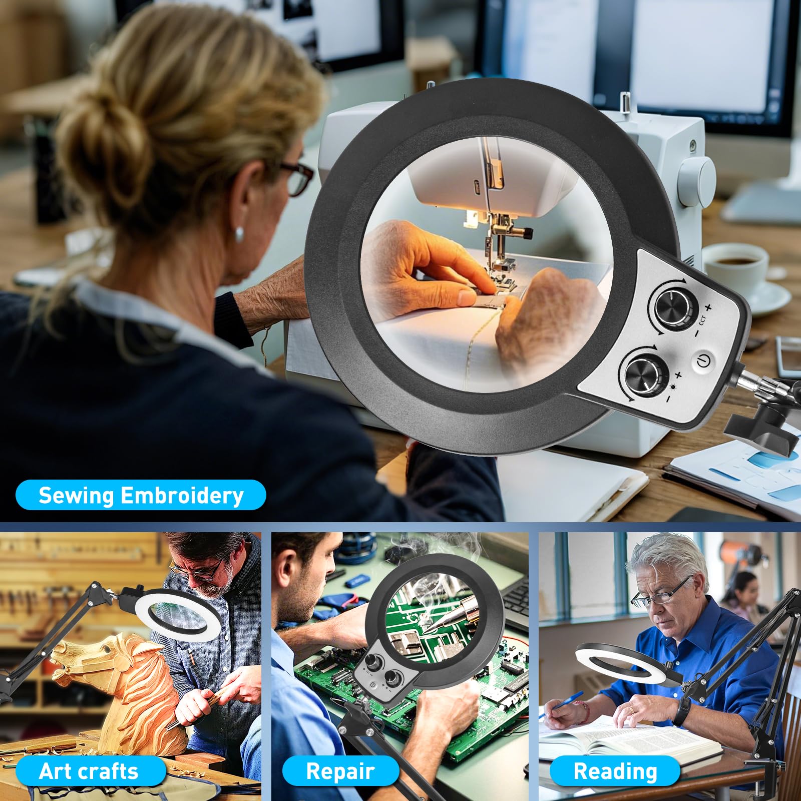 KIRKAS dimmable LED magnifier provides uniform glare-free light.