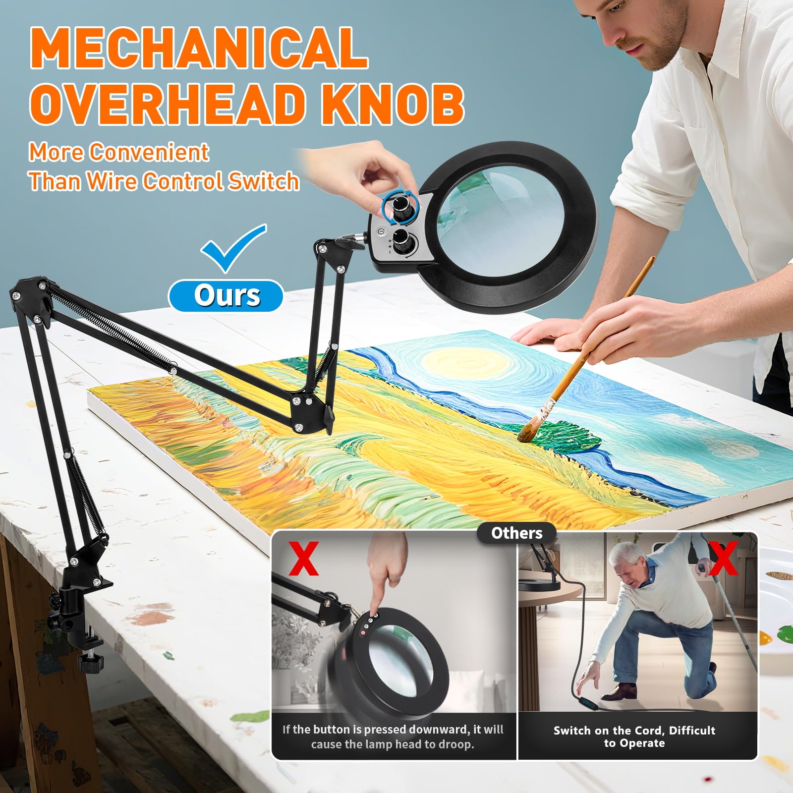 KIRKAS extra-long arm magnifying lamp with 35-inch reach for extended projects.