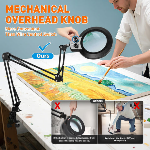 KIRKAS extra-long arm magnifying lamp with 35-inch reach for extended projects.