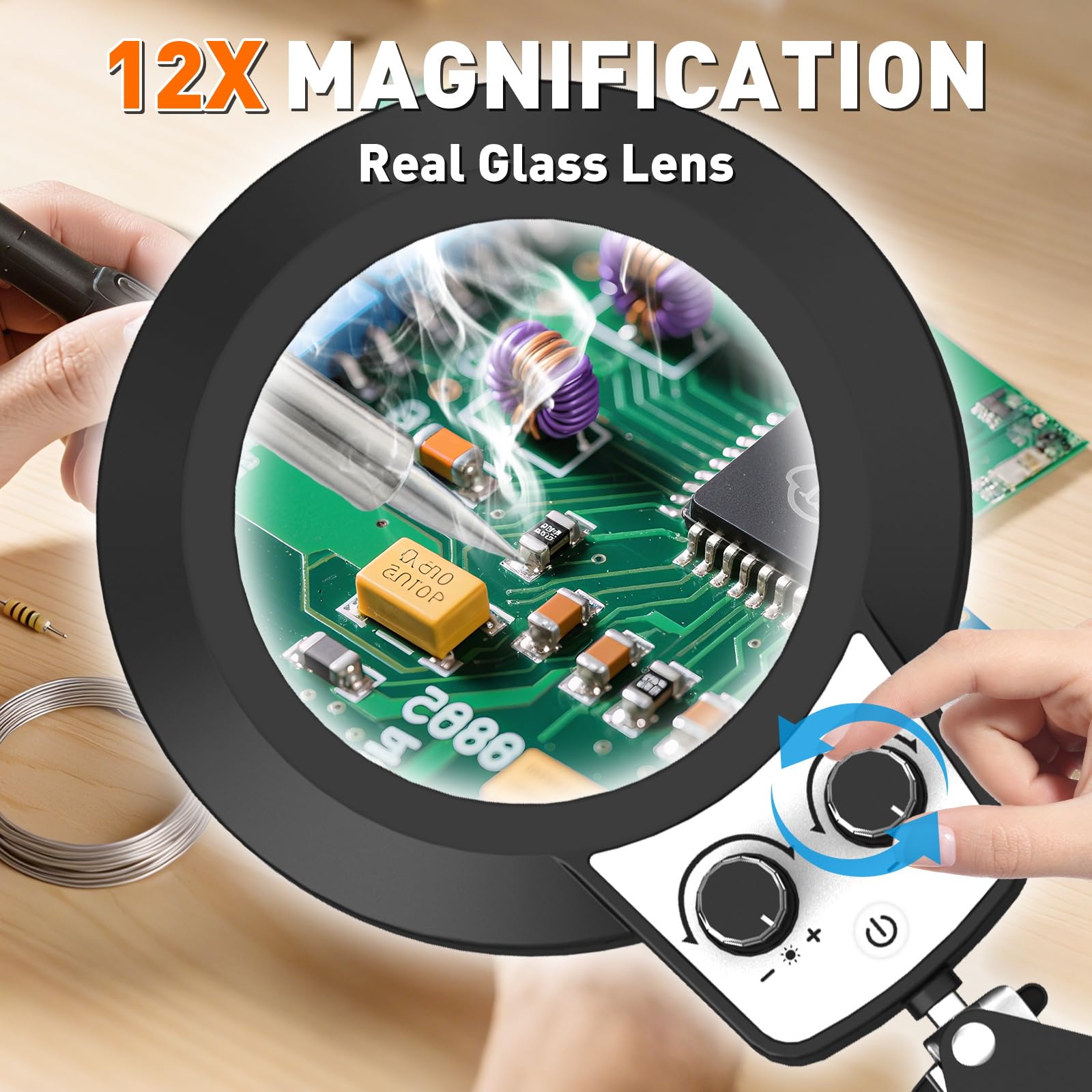 KIRKAS LED lamp with stepless color temperature control for comfortable viewing.