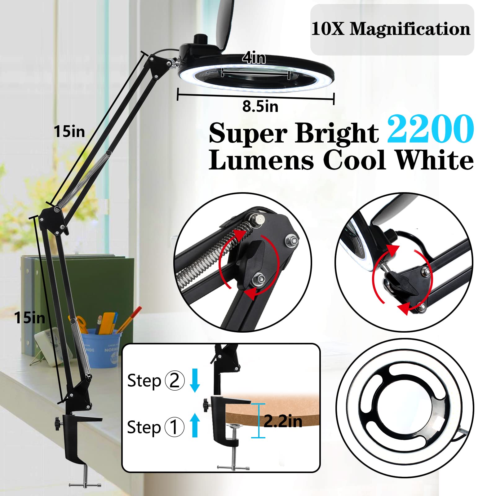 KIRKAS rotary-dimmable light head allows brightness control for any task.