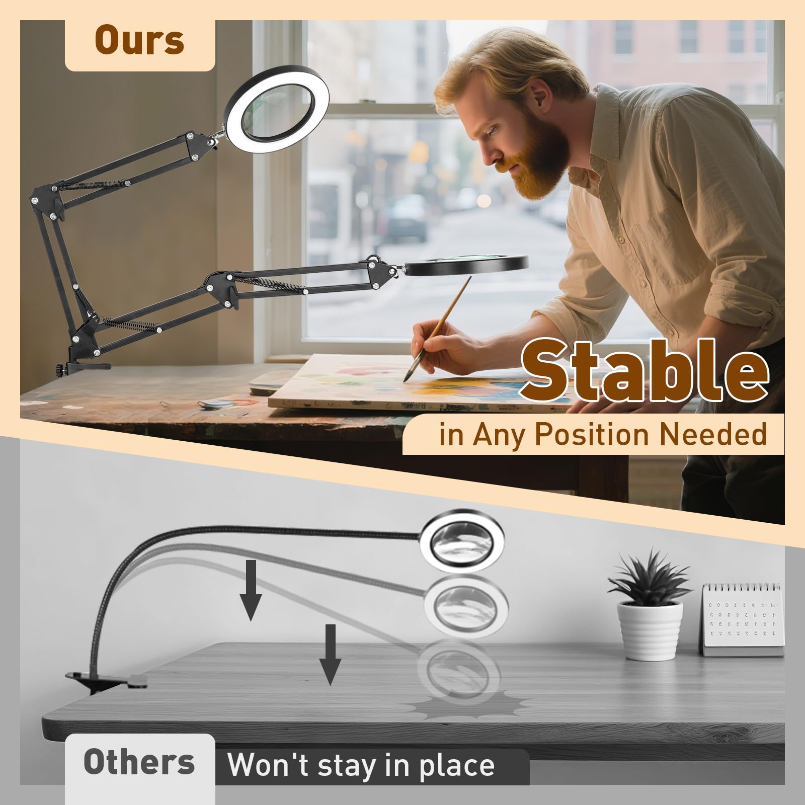 KIRKAS rotating-arm magnifier lamp enables flexible positioning during crafts.