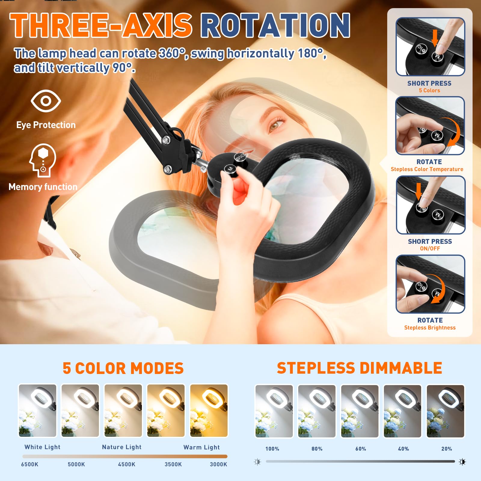 KIRKAS three-axis lamp head rotates to deliver shadow-free illumination during delicate tasks.