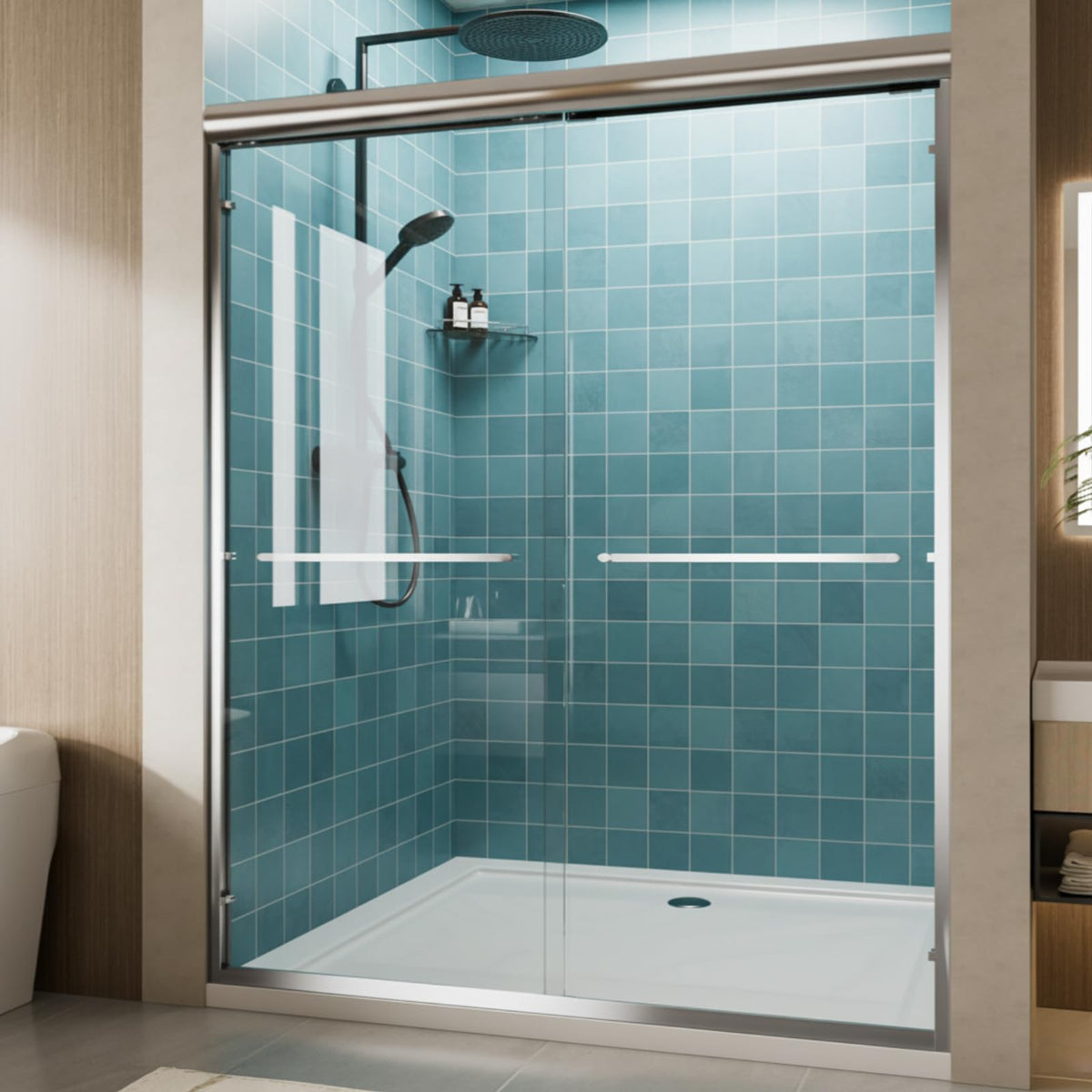 KisaTub double sliding shower door with chrome frame for wide walk-in access.