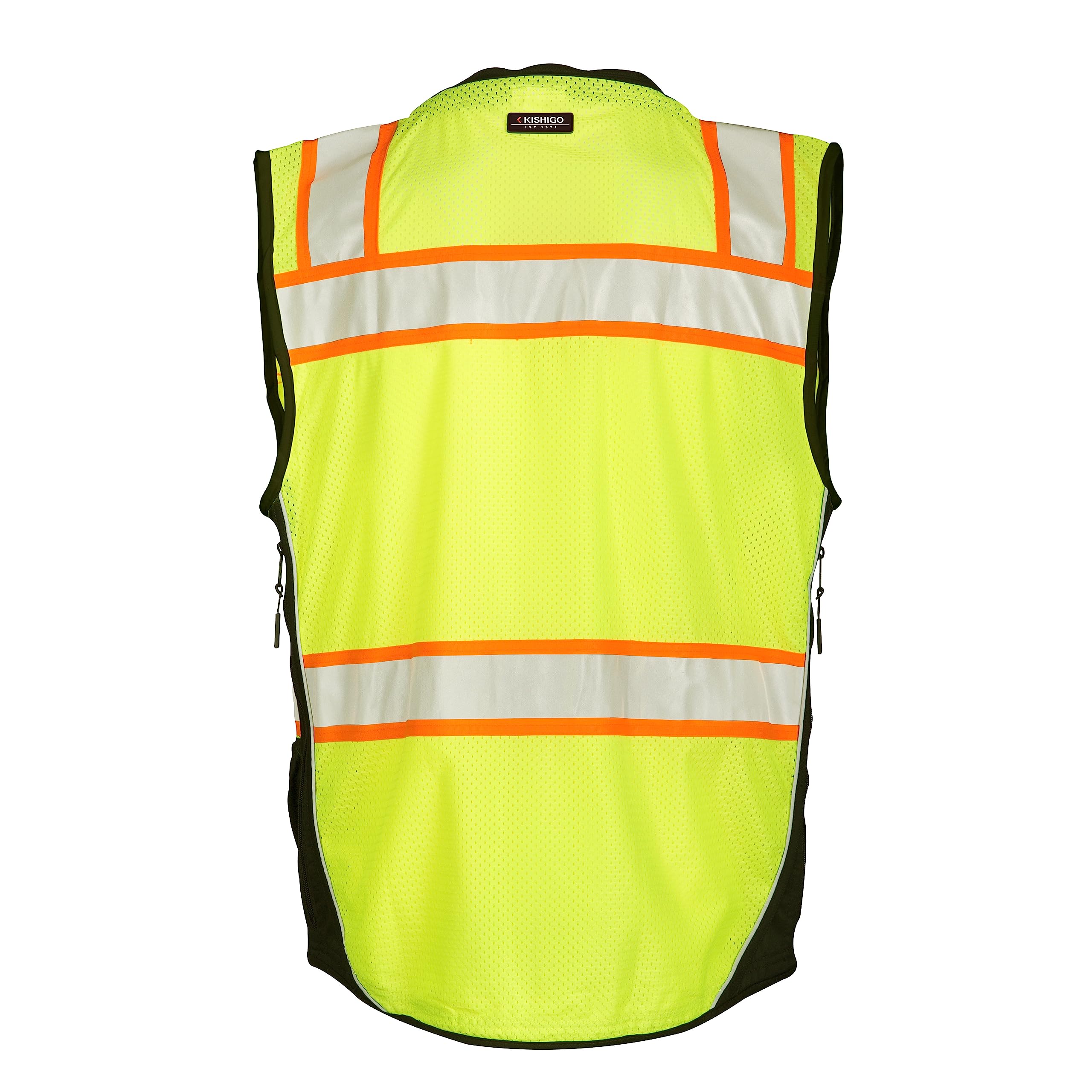 Kishigo Premium Black Series surveyors vest left chest pocket view with dual-flap storage.