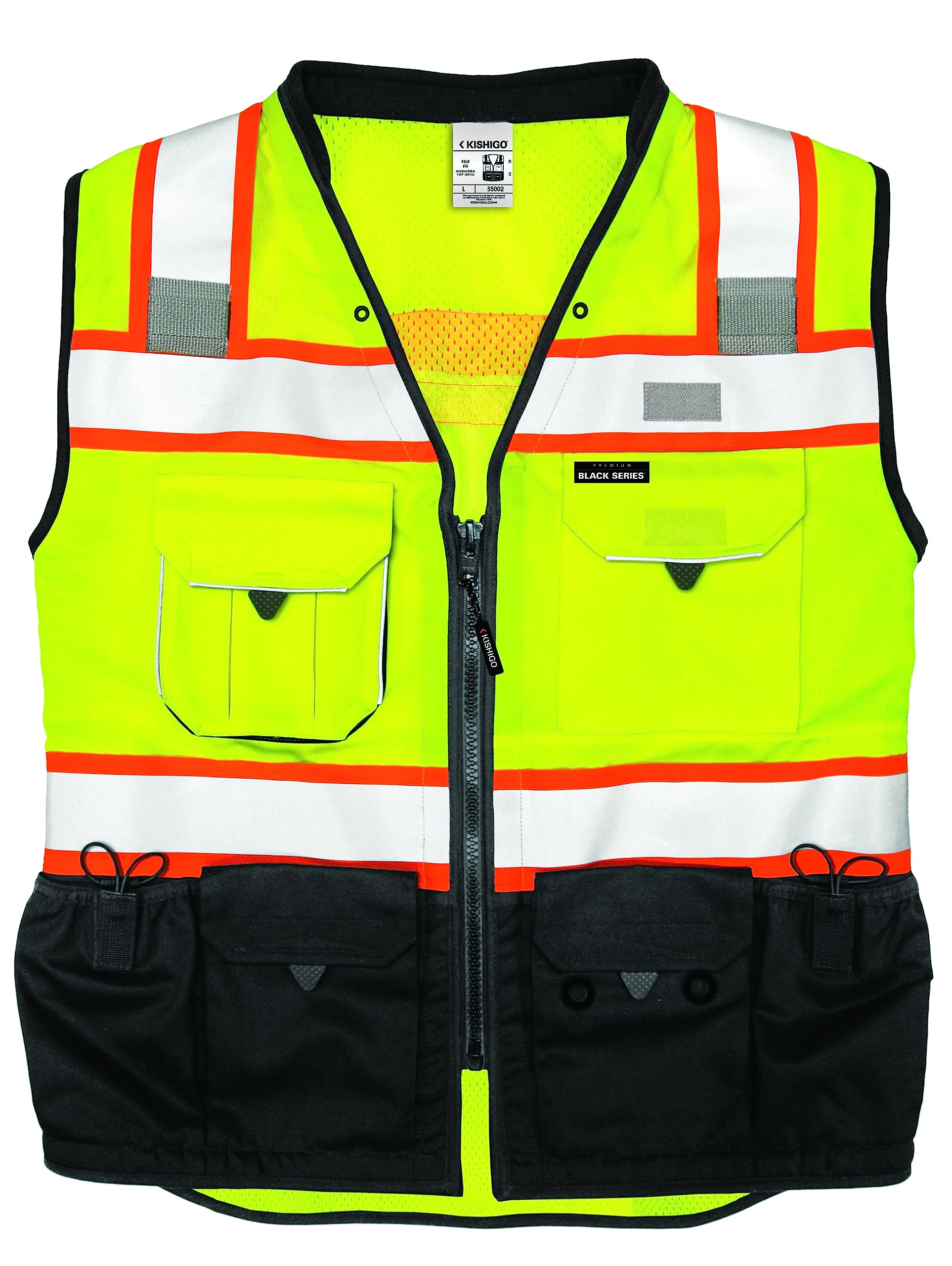 Kishigo Premium Black Series surveyors vest right chest pocket view for quick access.