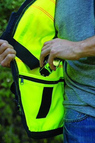 Kishigo Premium Black Series vest elastic spray paint pockets offer quick access for marking tasks.