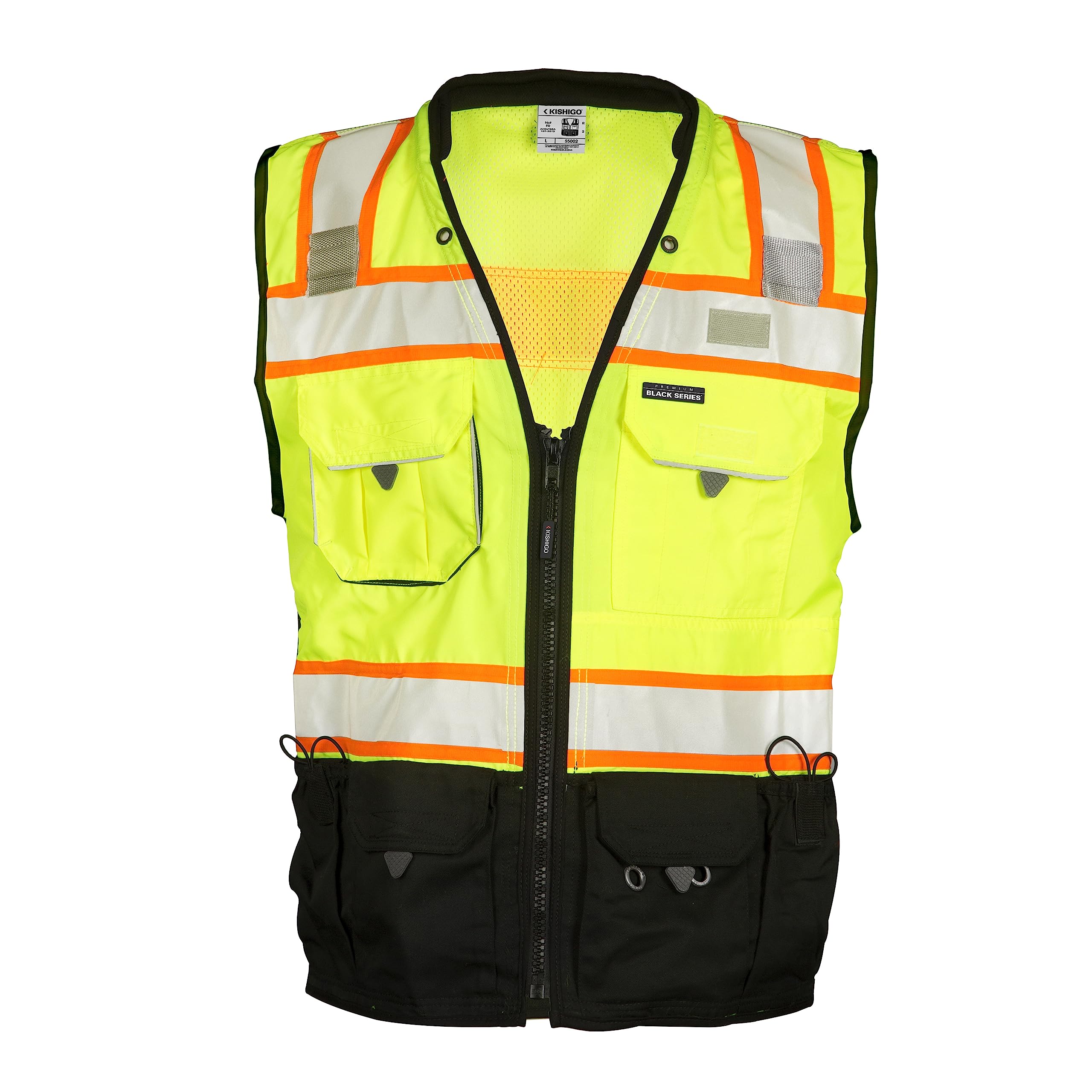Kishigo Premium Black Series vest lime-black front view highlighting high-visibility design.