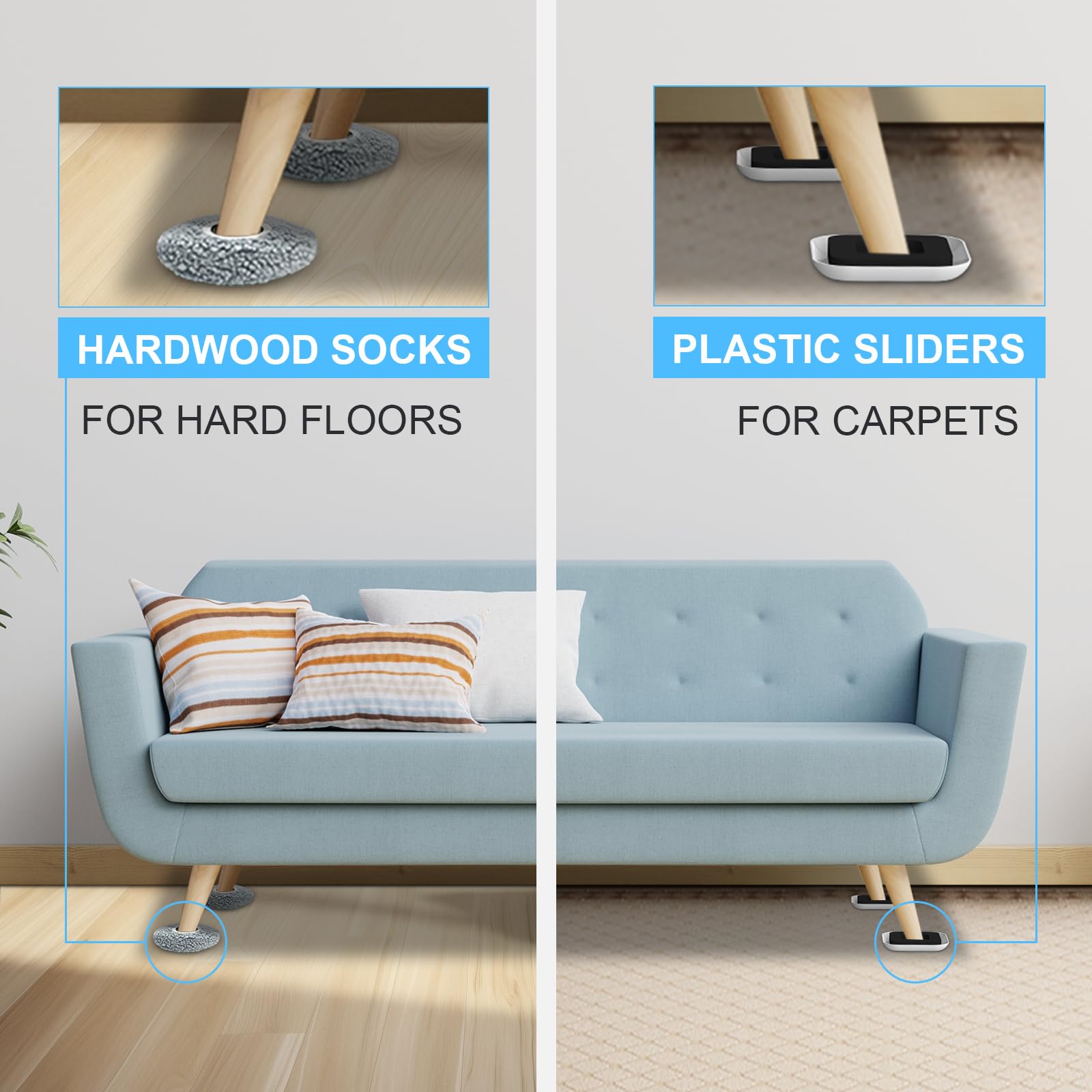 Kiss Core carpet slides in action under a sofa for easy rearrangement