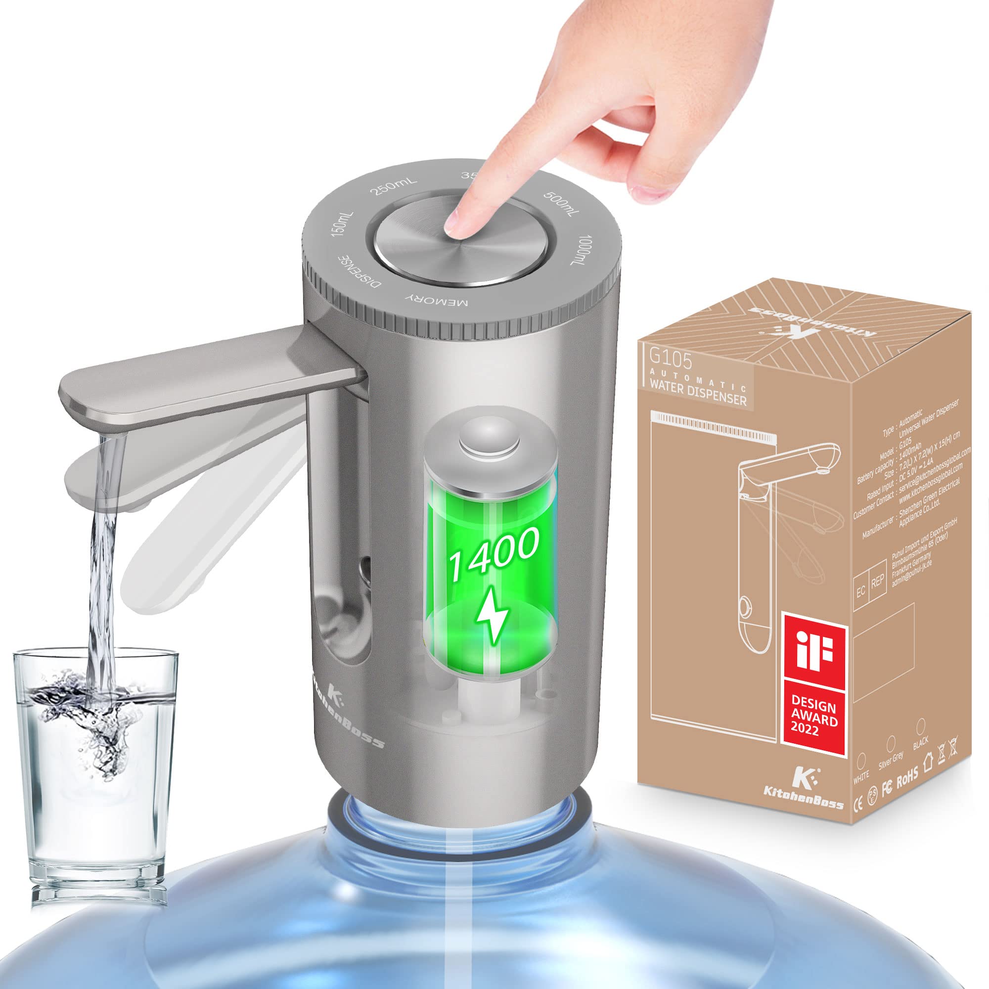 KitchenBoss universal water pump attached to a 5-gallon bottle for quick dispensing.