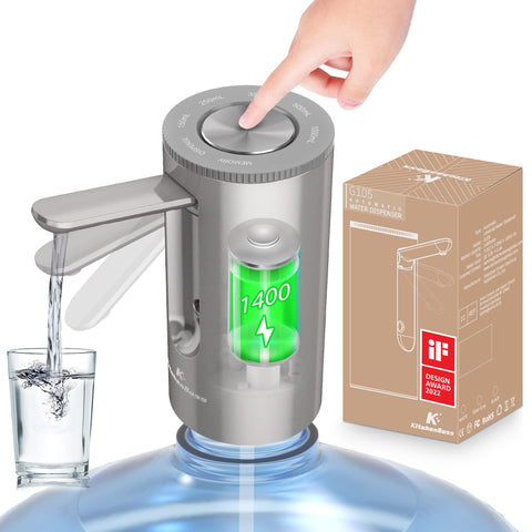 KitchenBoss universal water pump attached to a 5-gallon bottle for quick dispensing.