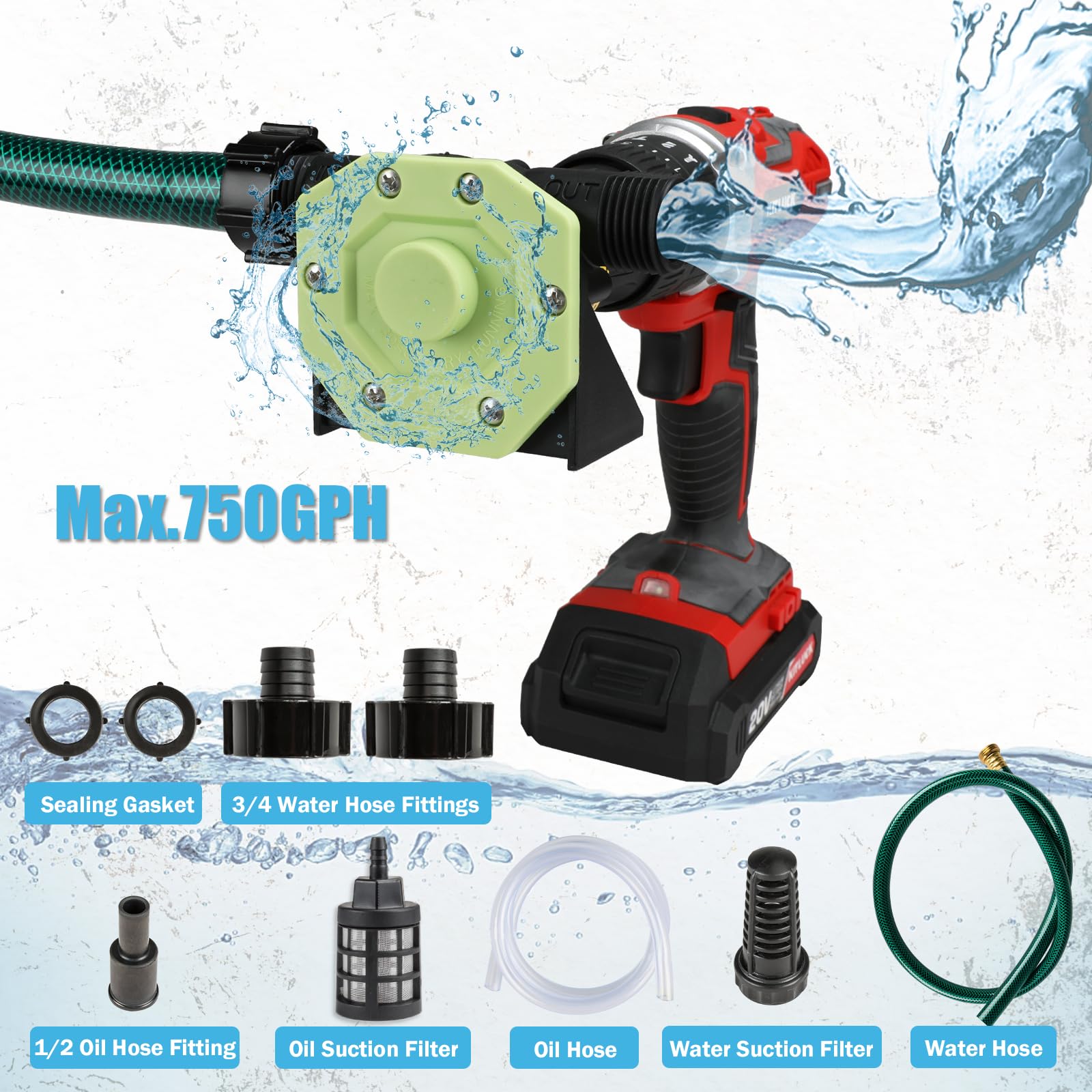 KITLUCK drill water pump impeller and hose illustrate improved sealing and stability.