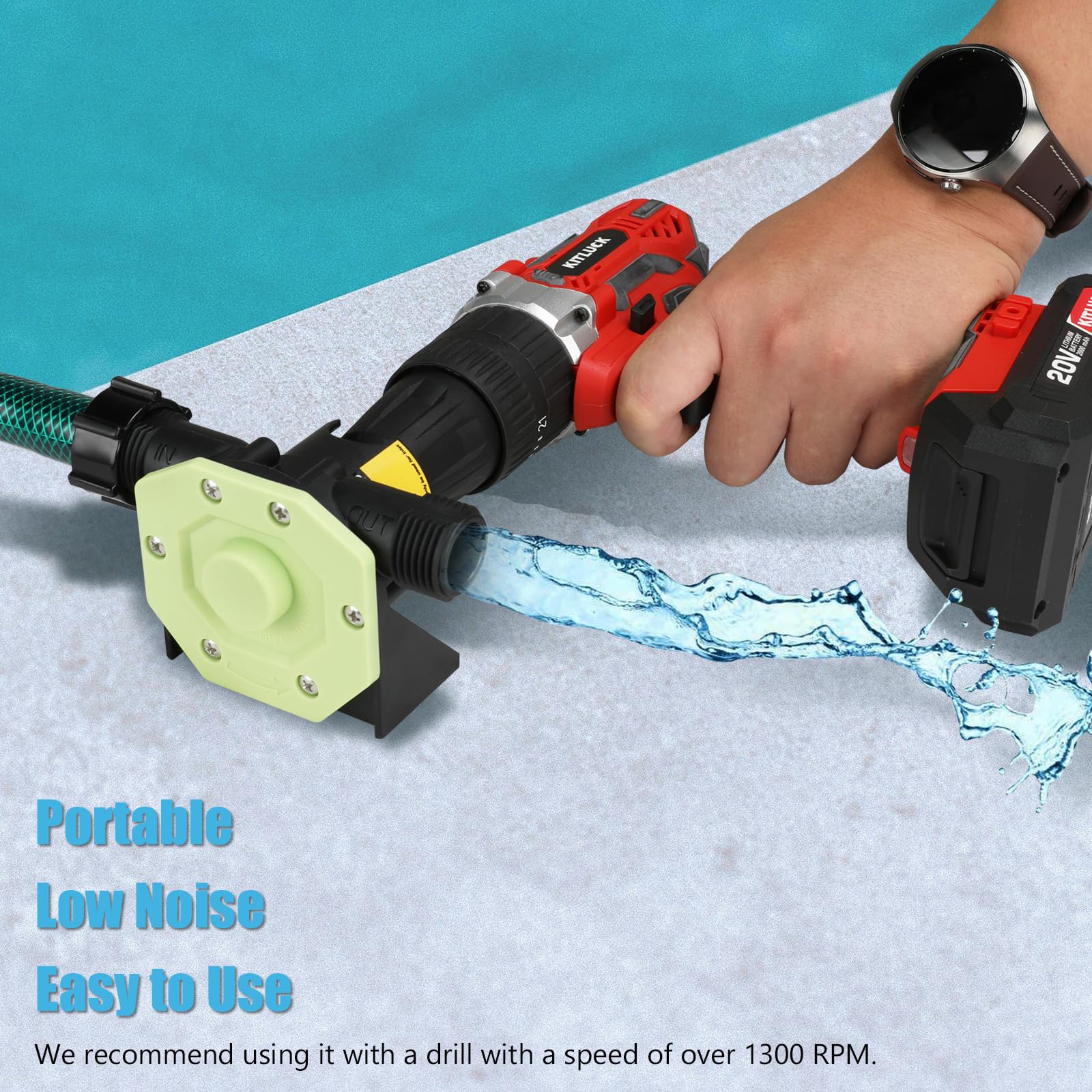 KITLUCK drill water pump includes accessories for quick setup.