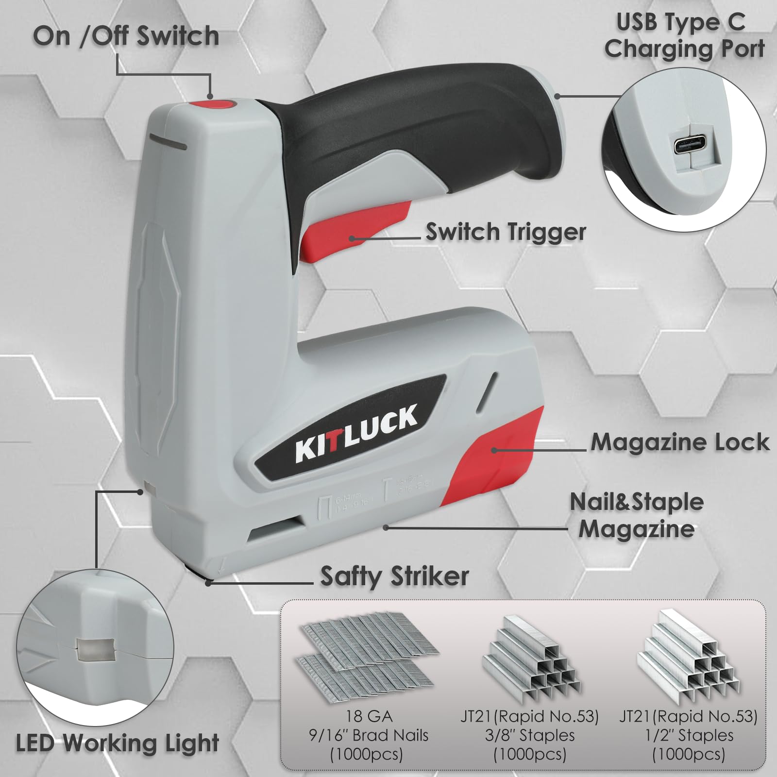 KITLUCK staples-nails-loaded-magazine demonstrates 2-in-1 capability for upholstery and woodworking.