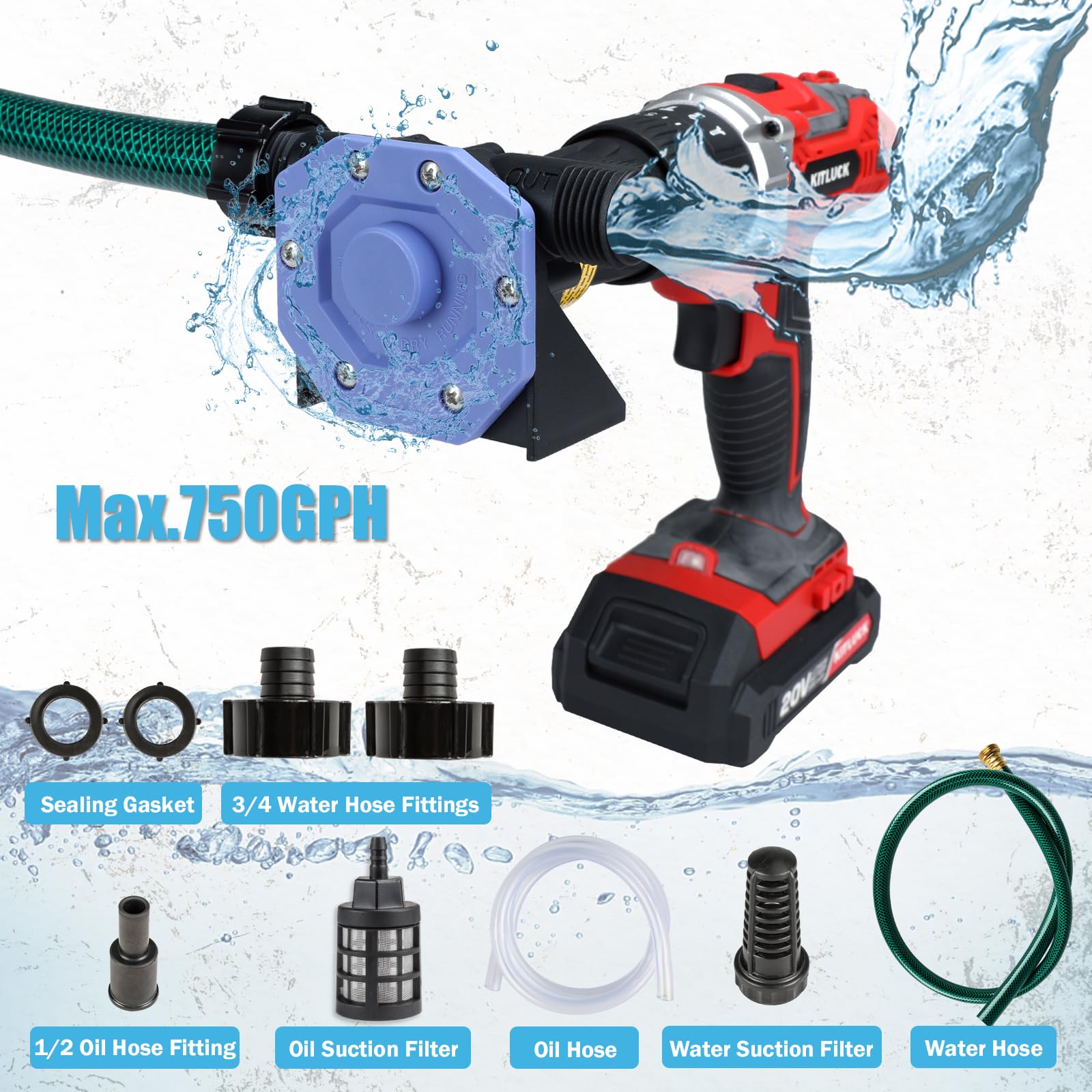KITLUCK water suction hose attached for reliable liquid transfer at home.