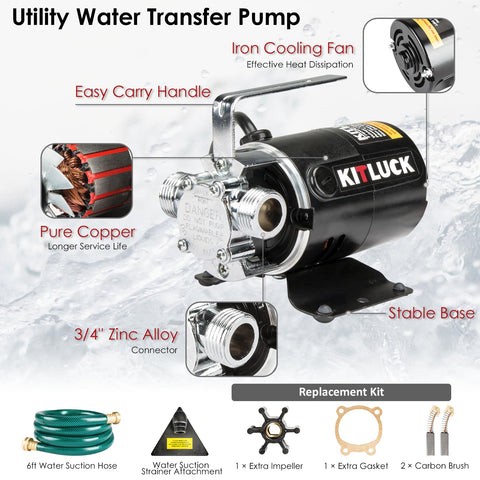 KITLUCK pump with 6 ft suction hose ready for quick water transfers.