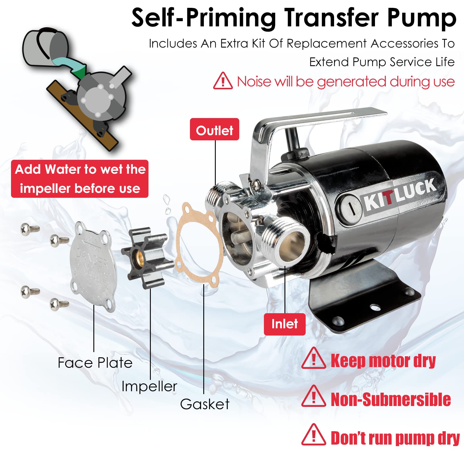 Brass hose joint on KITLUCK pump for durable, leak-resistant connections.