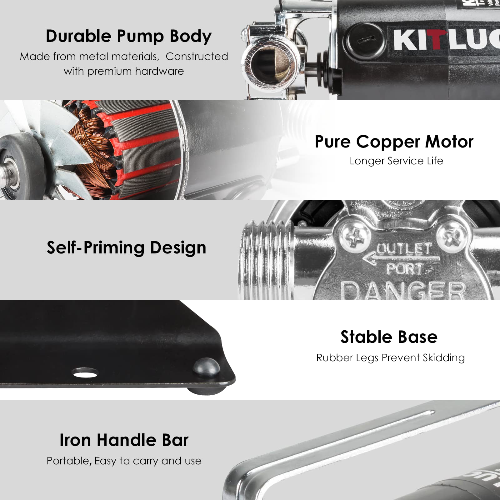 Versatile KITLUCK pump supporting garden watering, car washing, and more.