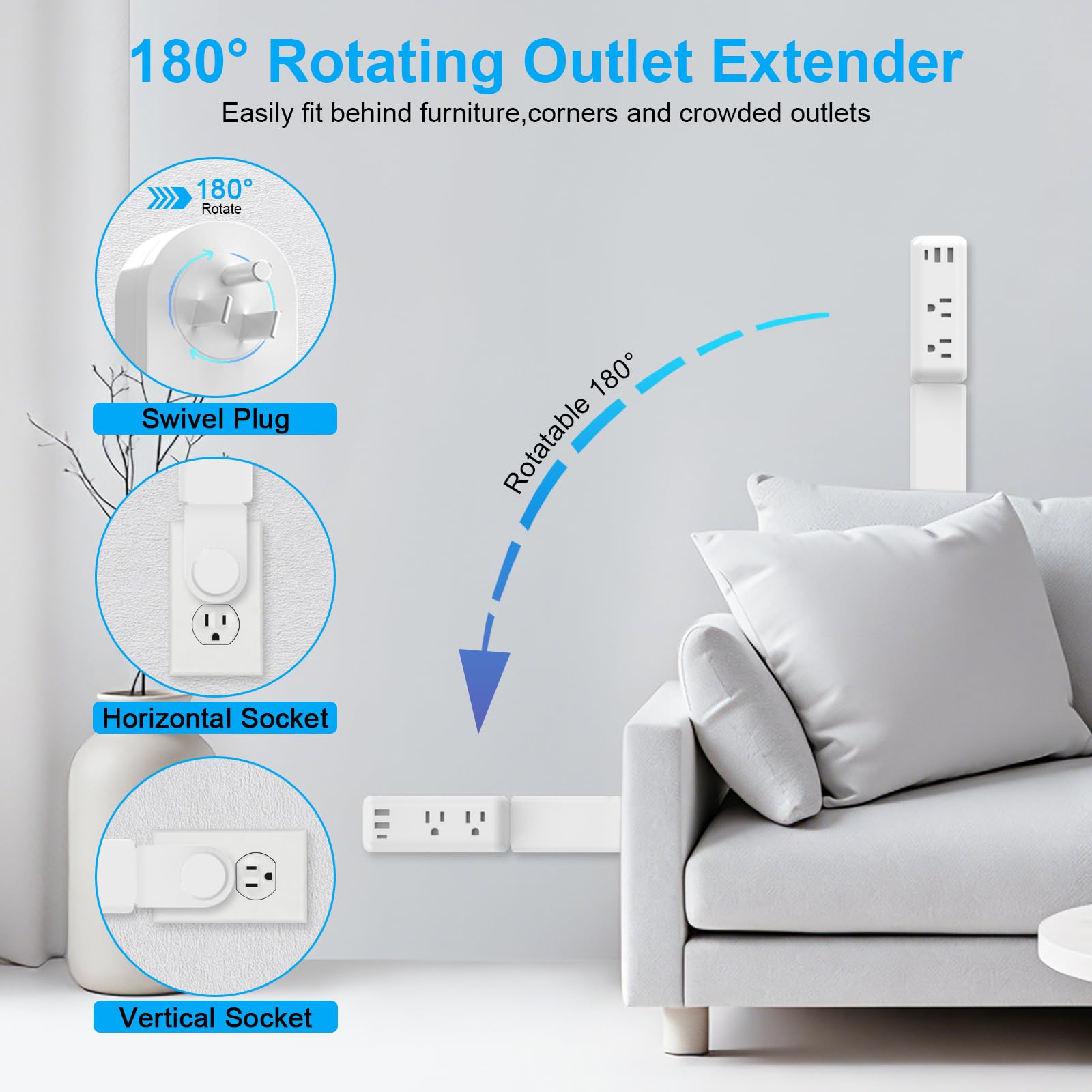 KITMODFN 5-in-1 socket extender with 2 USB-A, 1 USB-C, and 2 AC outlets