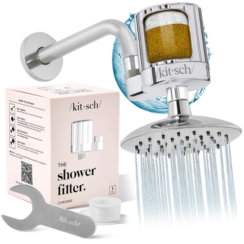 Kitsch shower head filter hard water in use reduces chlorine for hair and skin.