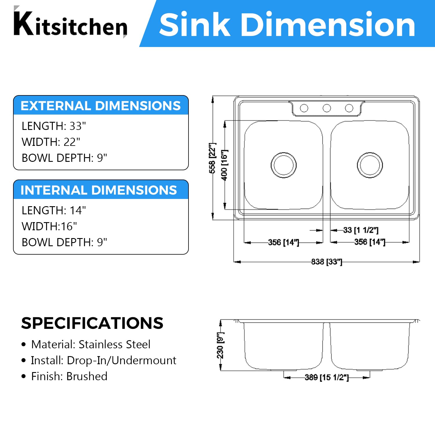 Kitsitchen 33x22 double-bowl top view highlighting separate prep zones